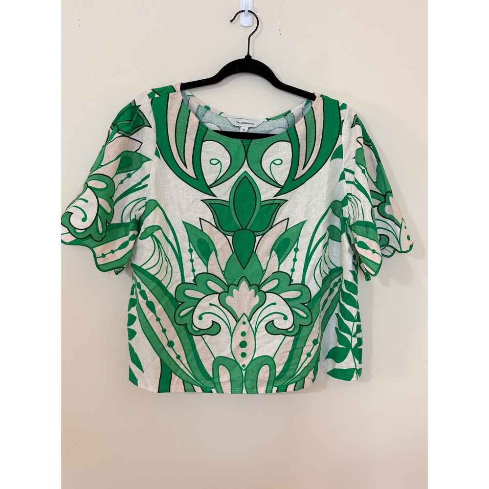 Calligraphie Green Botanical Damask Linen Blend Short Sleeve Blouse Medium